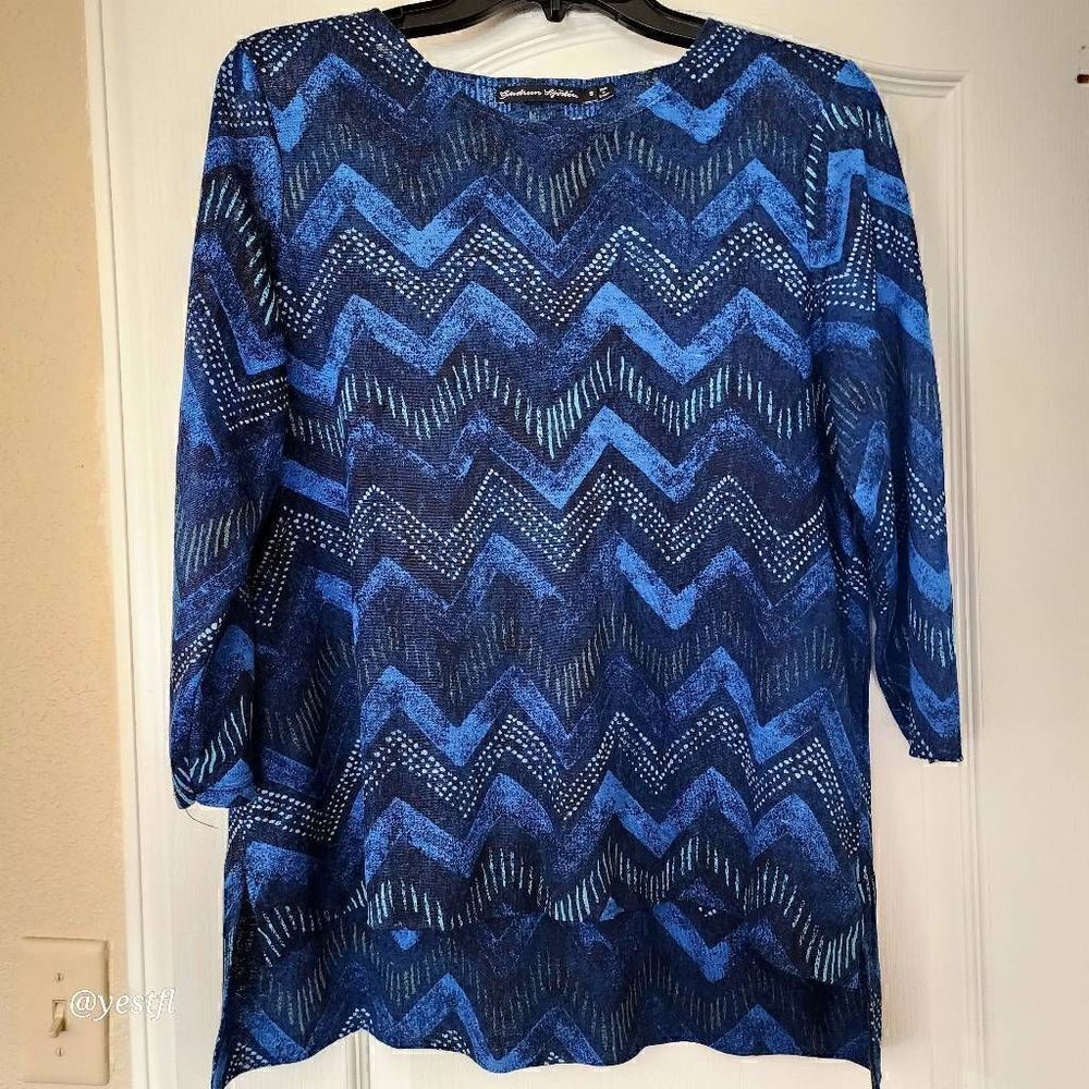 Gudrun Sjöden Linen Top Blue Chevron Print 3/4 Sleeve S lagenlook scandi